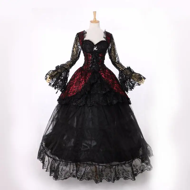 Abito da sposa vittoriano gotico rococò Masquerade abbigliamento da sposa Sweetheart manica lunga svasata nero Schwarz abiti da periodo per le donne