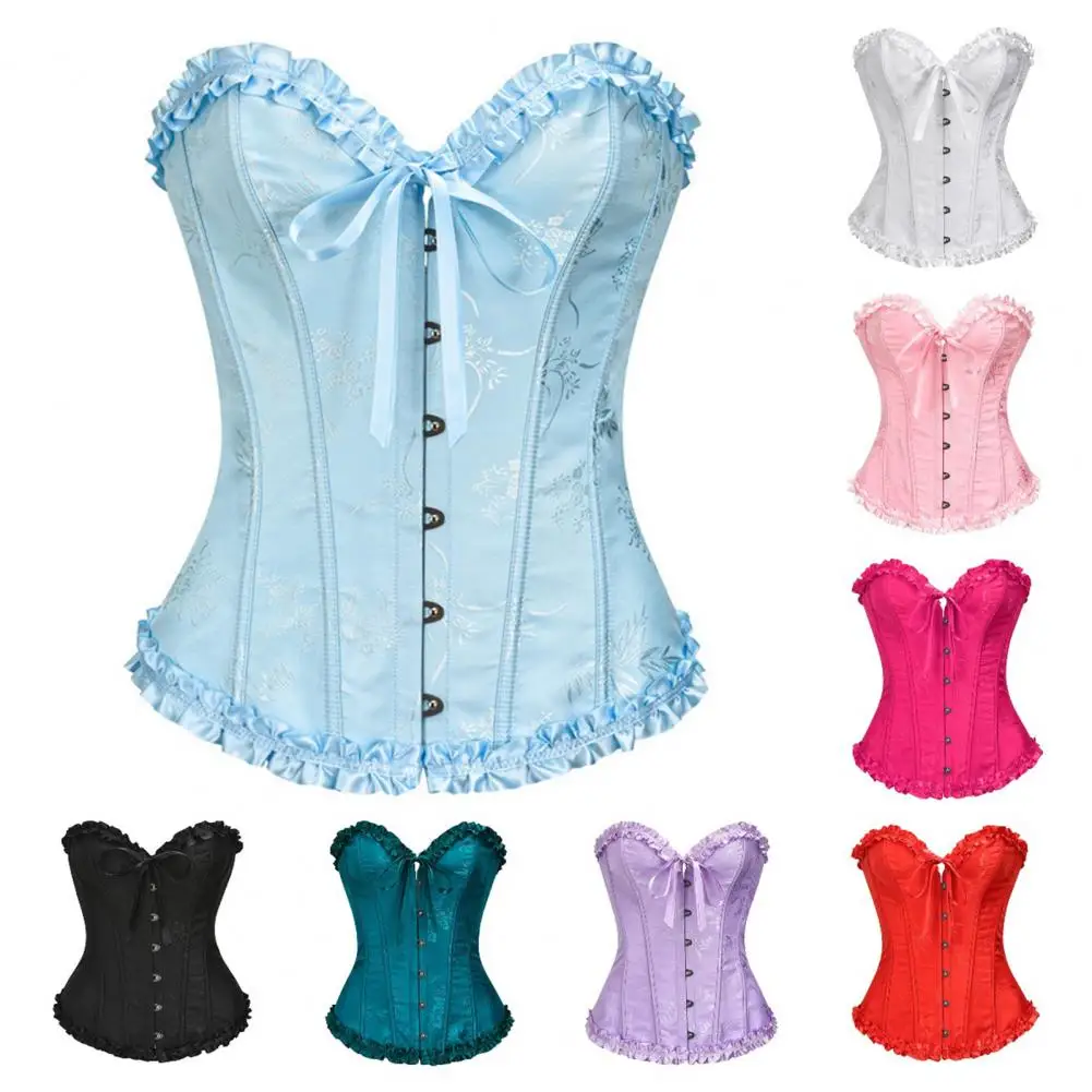 Blue Corset Bustiers Women's Corset Top with Ruffle Trim Strapless Waist Cincher Bustier Shapewear Adjustable Strap Shapewear