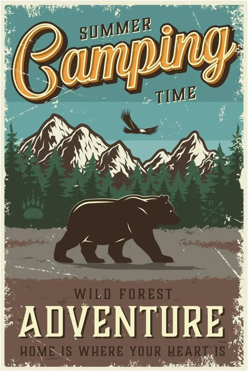 1p,Bear Tin Signs, Forest Metal Arts, Summer Camping Time, Wild Poster Positive Wall Decor Vintage Plaque for Office Bedroom, Ho