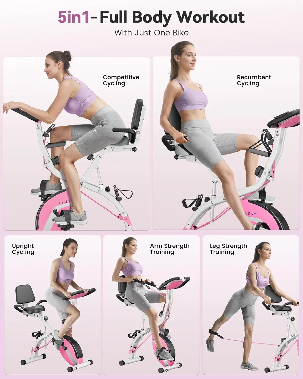 Folding Exercise Bike, Indoor Stationary Bike 16-Level Magnetic Resistance with Arm Resistance Band, Back Support Cushion