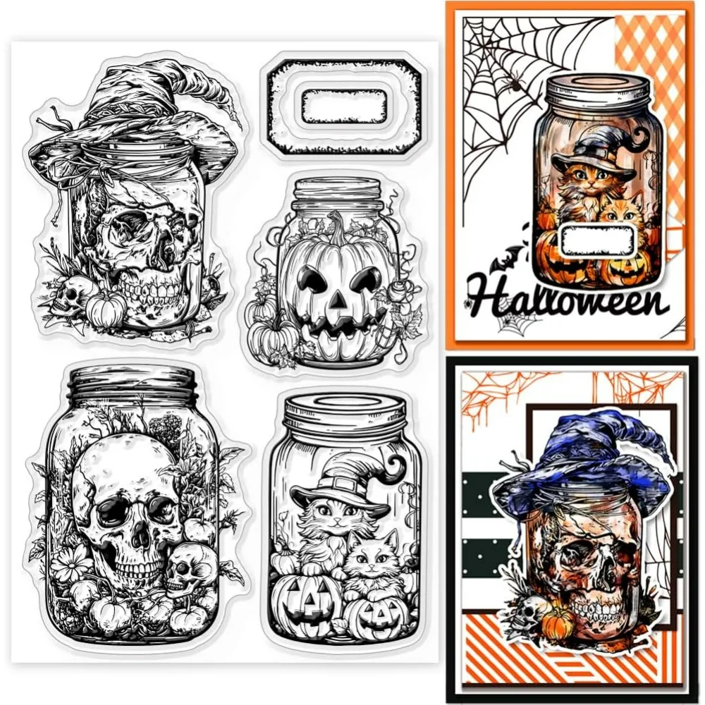 Halloween Jar Clear Stamps Pumpkin and Skeleton Clear Stamps Witch Cat Silicone Stamps for DIY Scrapbooking Photo Album