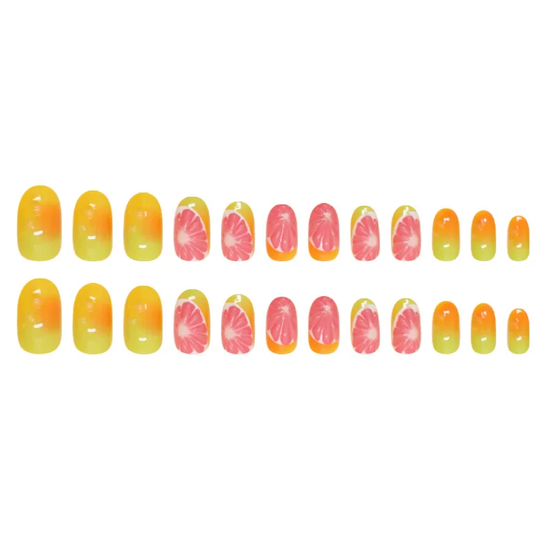 24pcs 3D Red Grapefruit False Nails Long Almond Press On Acyrlic Nails French Tip Fruit Y2k Yellow Gradient Fake Nails Wearable