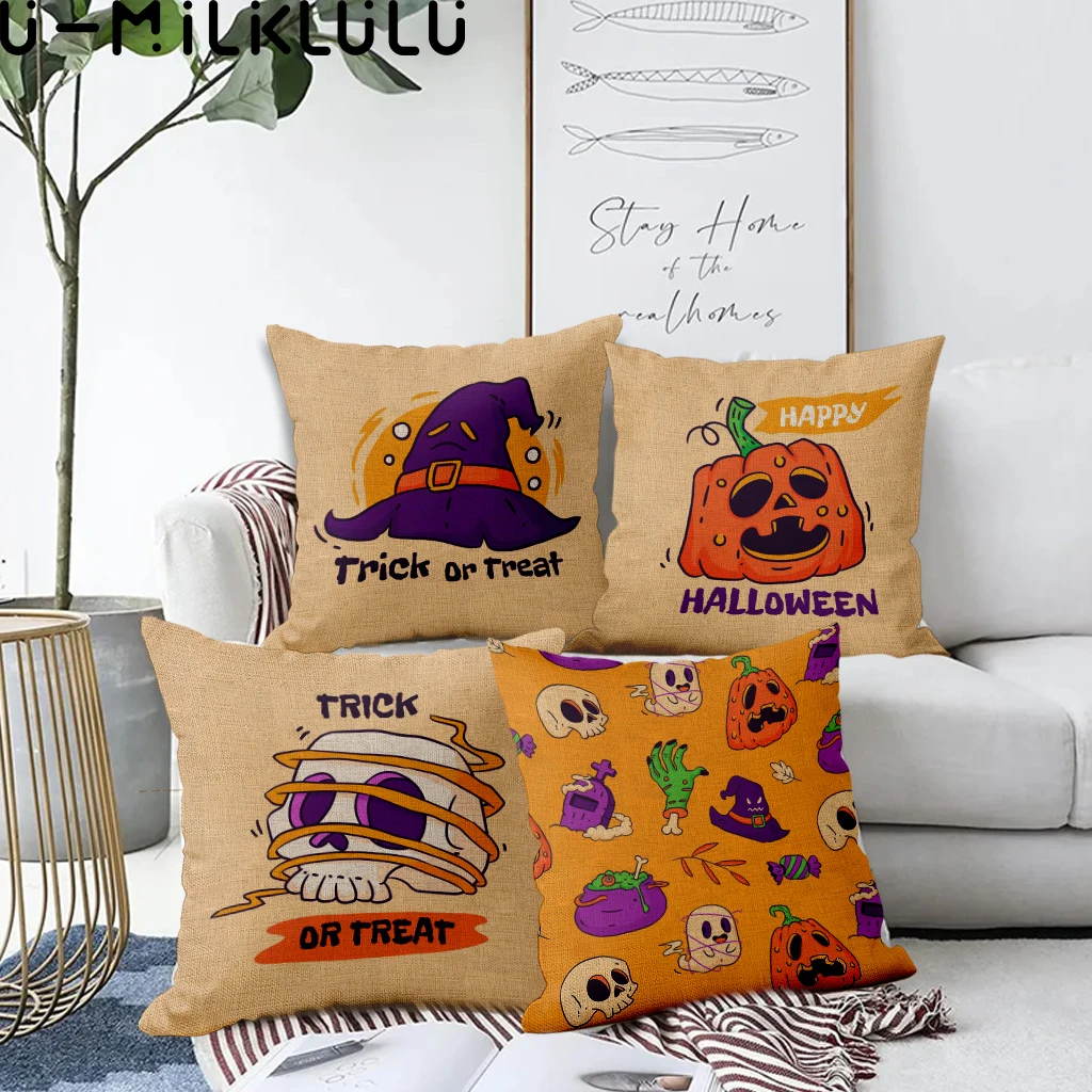 

Happy Halloween Orange Decorative Pillows Wizard Hat Pumpkin Pillows Decor Home Death's Head Party 40X40 45 Linen Cushion Cover