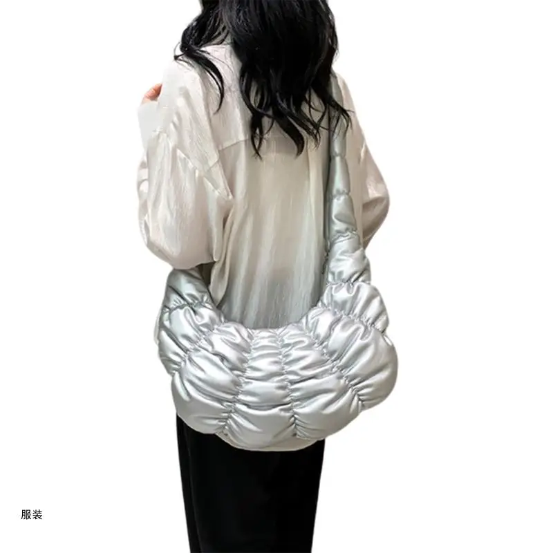 D0UD Women Pleated Puffer Shoulder Bag Padded Quilted Solid Color Crossbody Bag Purse