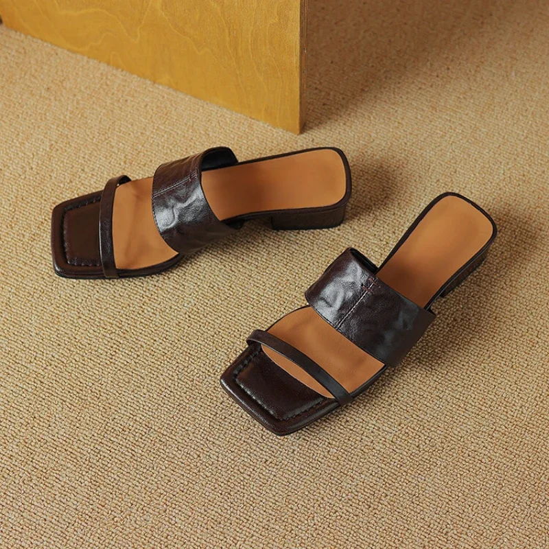 Summer New Square Head Open Toe Flat Bottom Slippers for Women's Genuine Leather Versatile External Wear Half Slippers