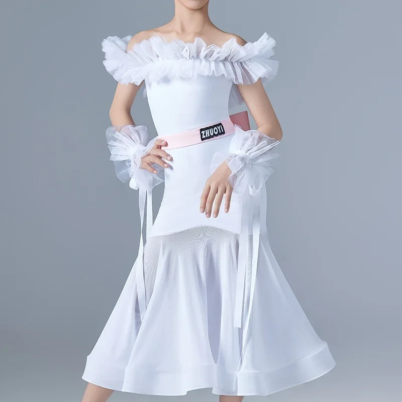 

2024 Ballroom Dance Dress Girls Women Fairy White Ruffled Dress Waltz Dance Performance Costume Prom Competition Dress DNV21600