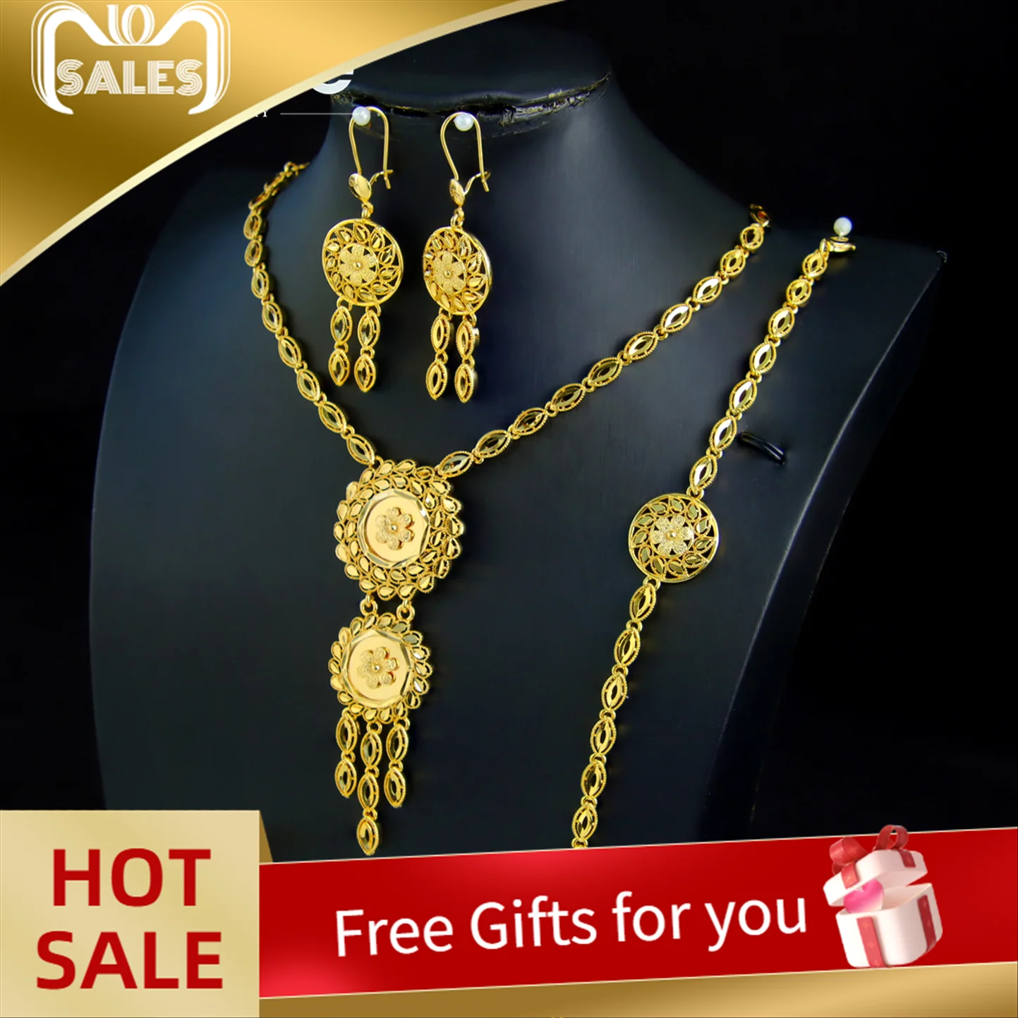 

Dubai Bridal Wedding Jewelry Set 24k Gold Plated High Quality Arabic Vintage Tassel Pendant Necklace Nigeria Women Party Jewelry