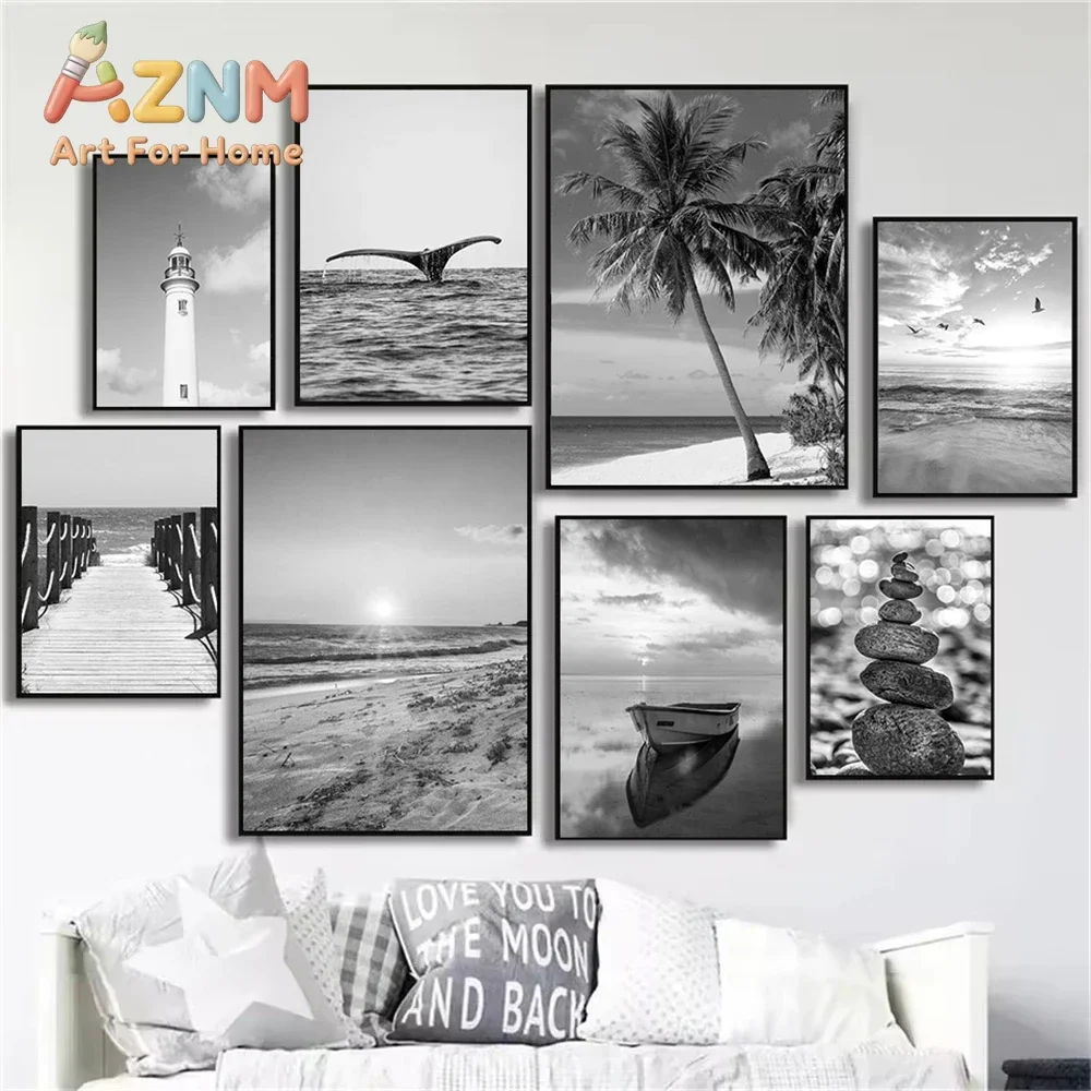 Nordic Black and White Sea Beach Canvas Print Poster Boat Bridge Coconut Tree Lighthouse Wall Art Painting Picture Home Decor