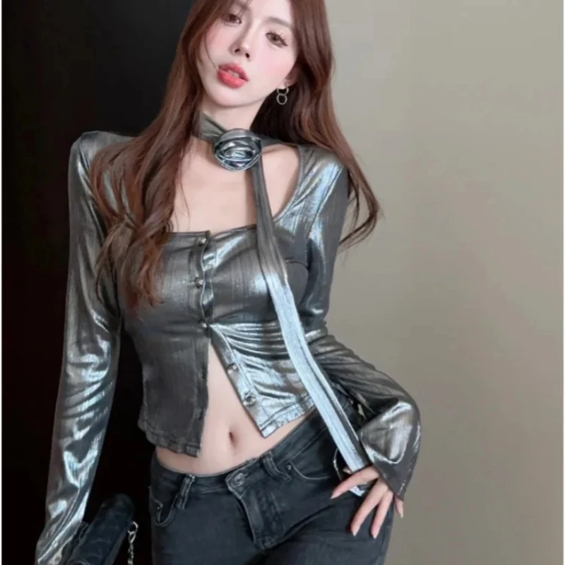 

Модный сексуальный укороченный топ с лямкой на шее, облегающая футболка, весна-лето, новая футболка для женщин Y2k, топы с квадратным воротником и длинными рукавами Mujer