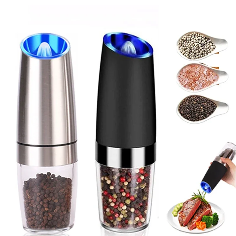 Molinillo eléctrico automático para especias, sal y pimienta, luz LED por gravedad, aspereza ajustable, herramientas de molino de carne de cocina