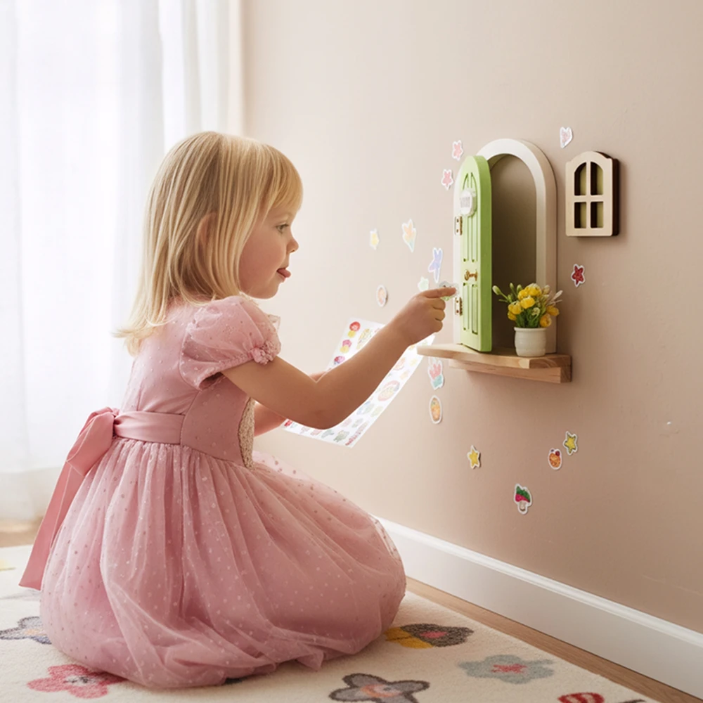 Wooden Elf Door Set Dollhouse Character Stickers Cartoon Room Decor Fairytale-Style Balcony Decor Hanging Ornaments Gift