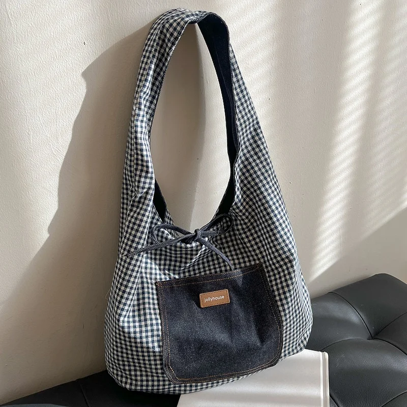 أزياء بسيطة المرأة حقيبة يد قماش منقوشة حقيبة كتف الإناث البرية أبيض وأسود تحقق حمل حقيبة الحرم الجامعي نمط طالب الكتب حقيبة