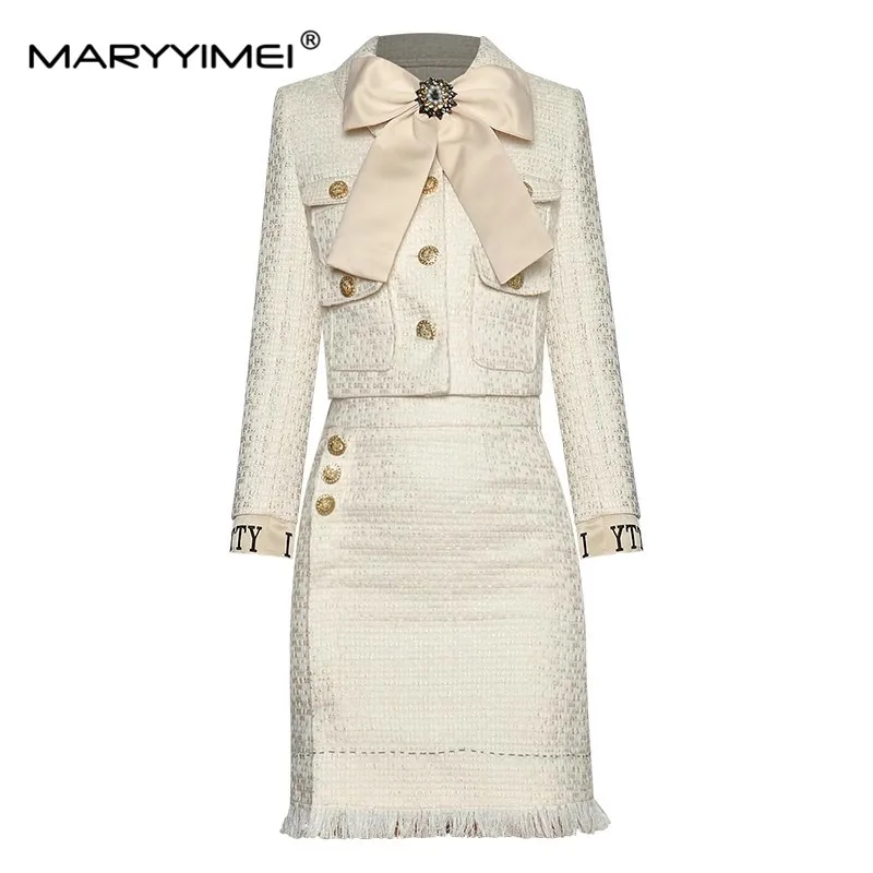 MARYYIMEI Fashion Designer Set Spring Autumn Women's Long sleeve Beaded Bowknot Tops+Short skirt Two-piece set