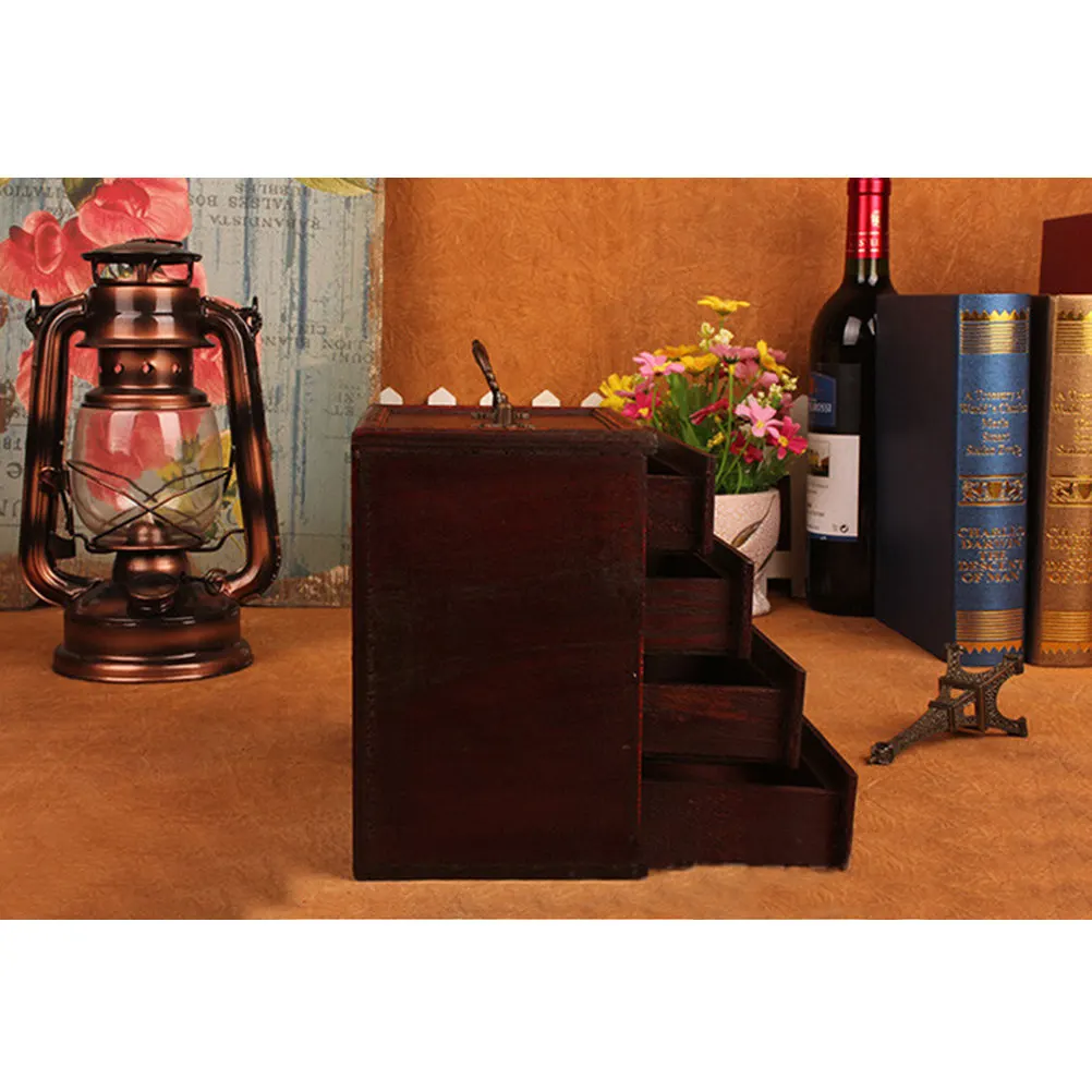 

1Pcs Wooden Jewelry Box Chinese Style Four Drawer Storage Container Home Decor Photo Prop Unique Vintage Design