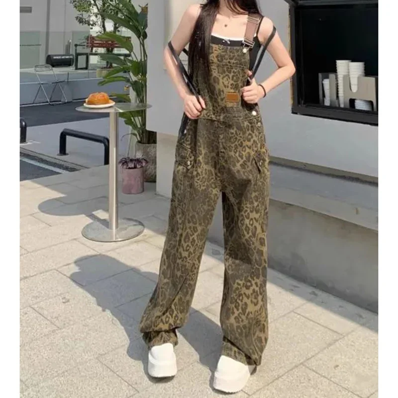 

Lady Designer Streetwear Casual Overalls Pants Girls Leopard Print Baggy Denim Trouserse Female Chic High Waisted Jumpsuit Jeans