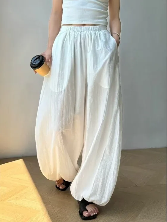 

Spring Summer Loose Wide Leg Lantern Pants Thin Pure Color Flower Bud Casual Loose Fit Elastic Waist Dstring Trousers