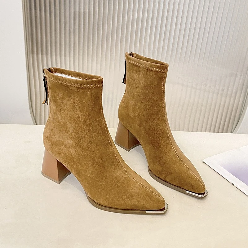 

High Quality Pointed Toe Suede Single Boots 2026 Temperament Block Heel Fashion ankle boots for women Booties suede Women Shoes