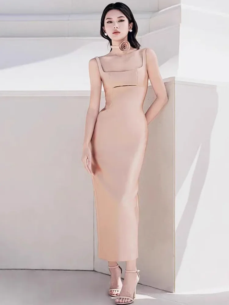 

2025 New Fashion customized Elegant Dress 3D Flower Neck Strap Slip Hollow Out Slim Split Women's Evening Party Dresses