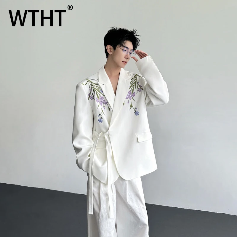 

Мужской пиджак WTHT с вышивкой в стиле Heavy Industry, модный, зимний, 2025, с отложным воротником и поясом, модель 2A2607