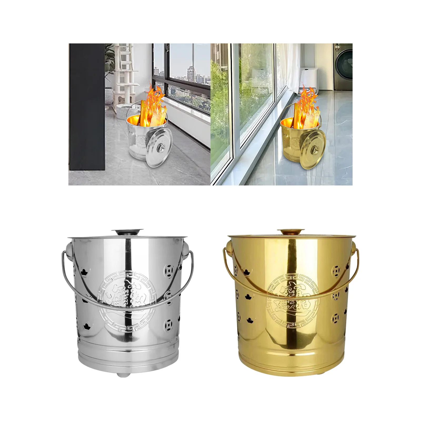 Burning Bucket Hollow Metal Fireplace Bucket Traditional Paper Money Burn Barrel Treasure Bowl for Home Yard Garden Outside