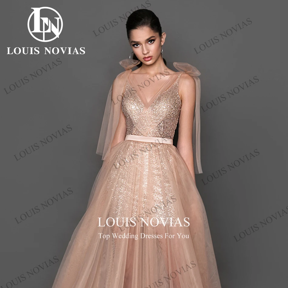 LOUIS NOVIAS Sleeveless Evening Dresses Women Illusion Glitter Spaghetti Strap Ribbons Party Dresses Vestidos De Noche