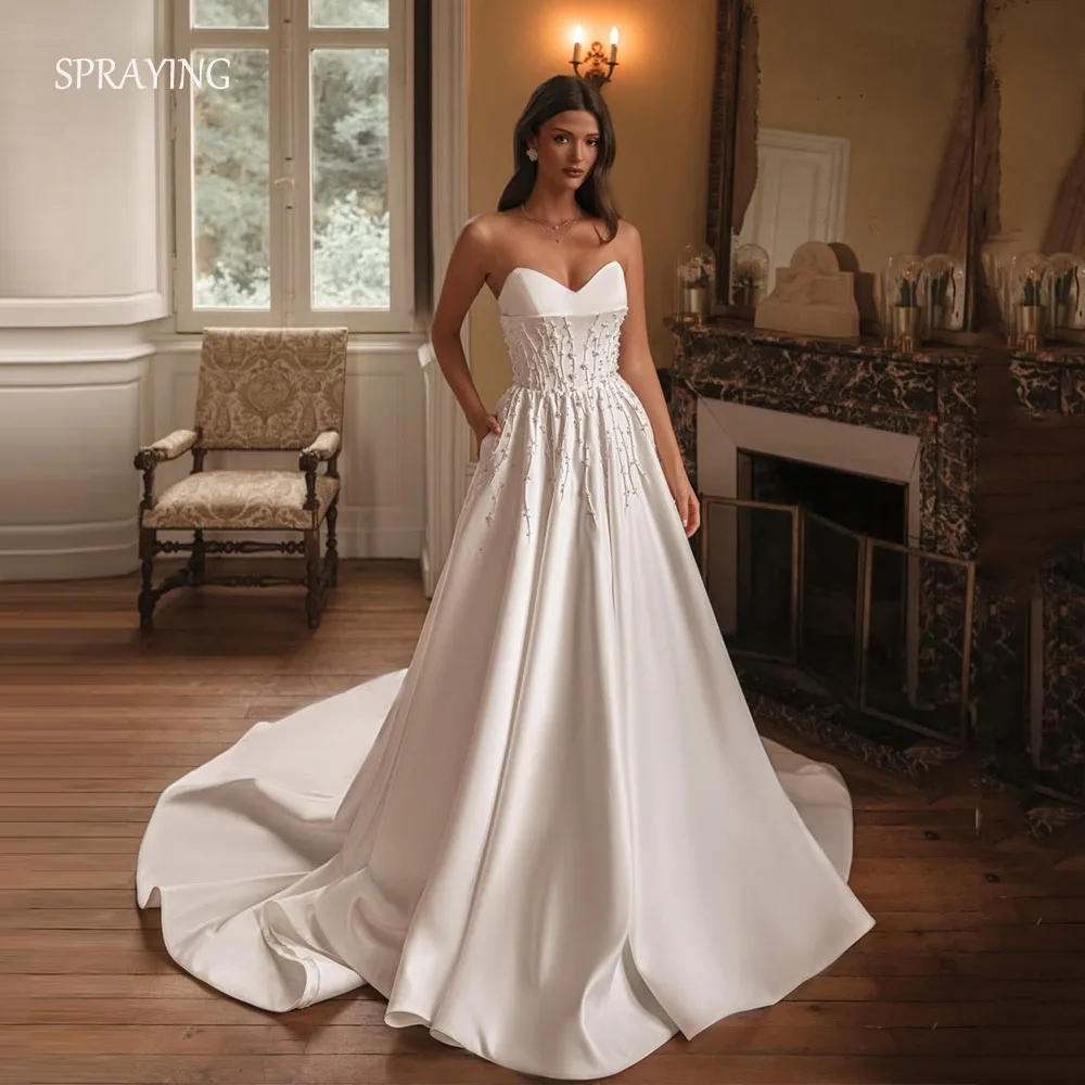 SPRAYING Stylish Pearls Wedding Dress Satin Sleeveless Pleat Sweetheart Pockets Button Chapel Train Vestidos De Novia Customized