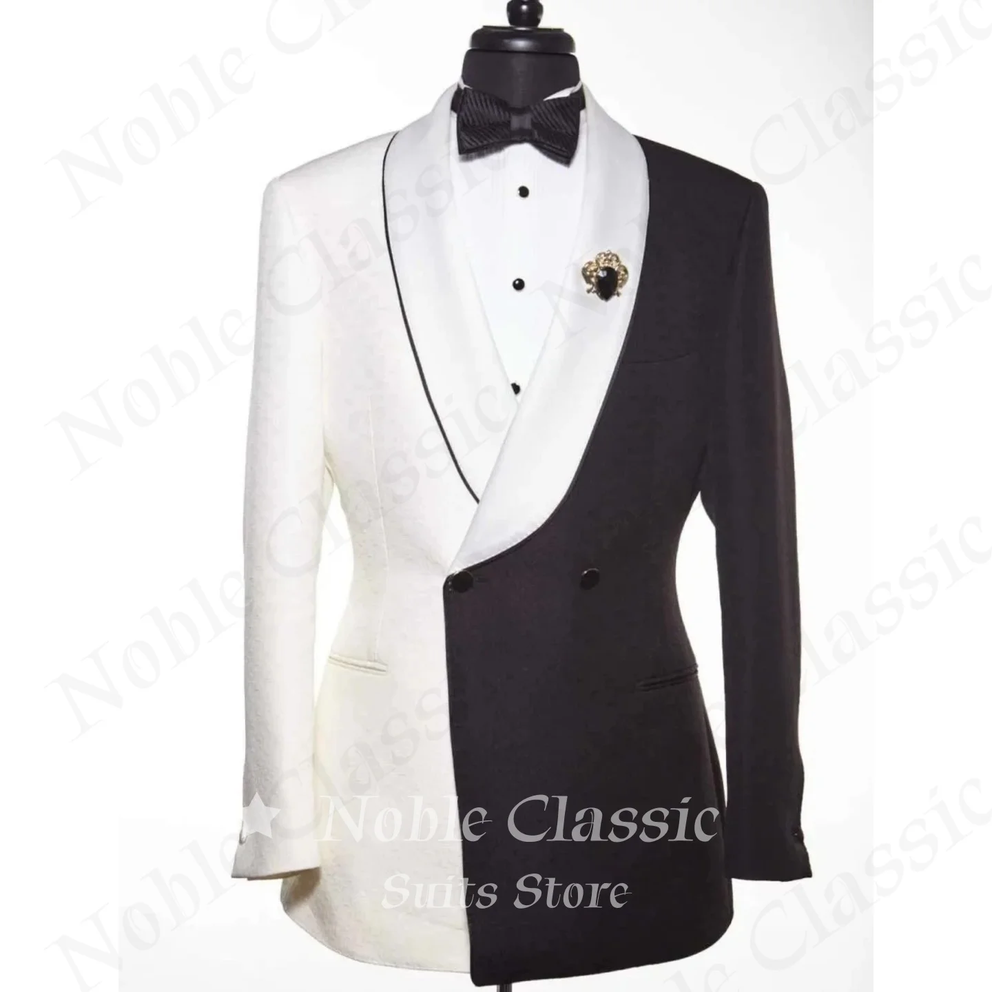 Black White Split Color Tuxedo Blazer Men Shawl Lapel Double Breasted Slim Fit Formal Jacket For Wedding Groom Prom Customized