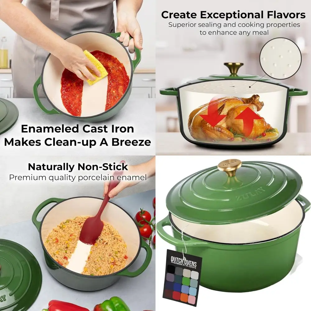 

Enameled Cast Iron Dutch Oven, 7.7 Qt, Oven Safe to 500°F, Ideal for Baking, Stews, Braising & Roasting, Green