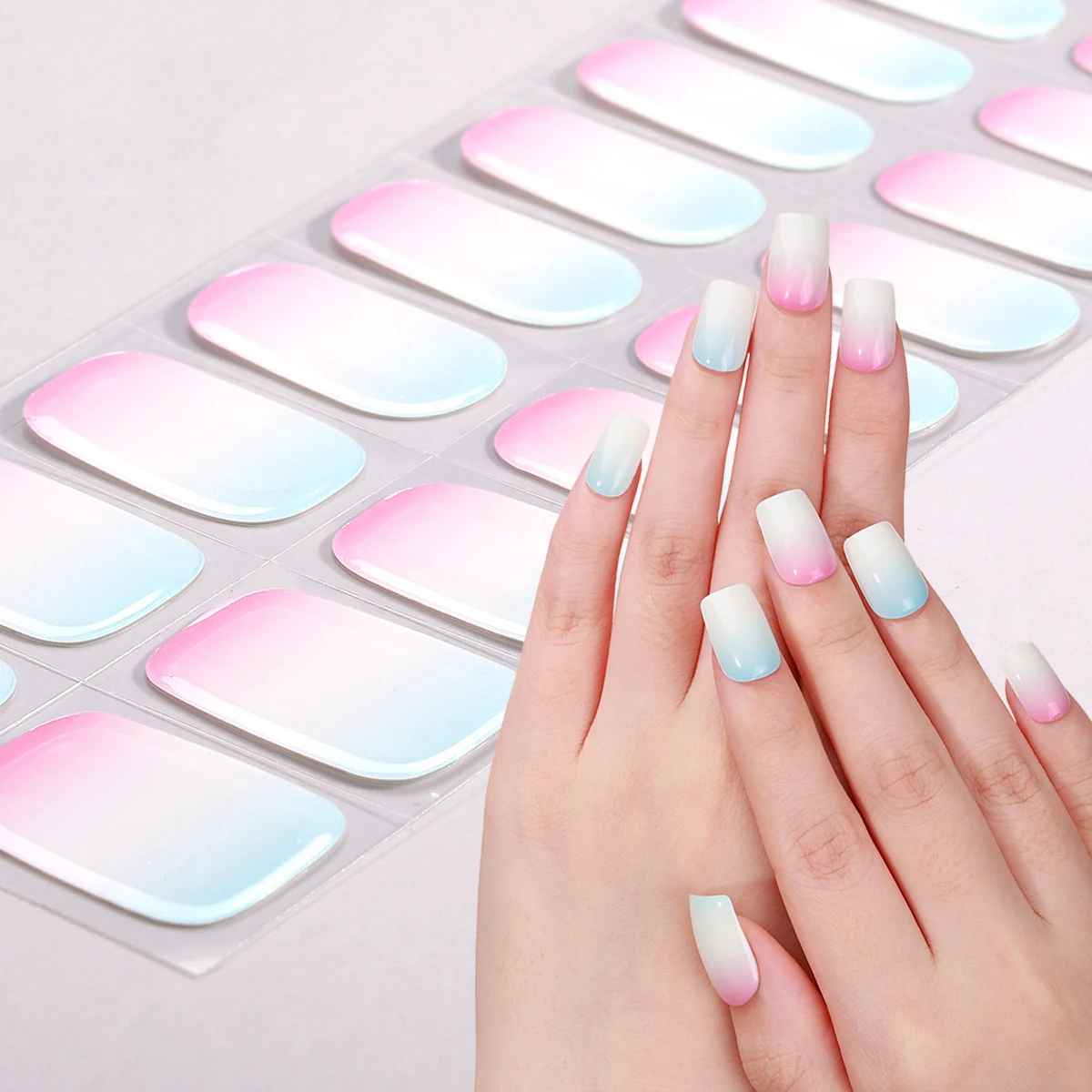 

20Tips Gradient Semi Cured Gel Nail Strips Solid Color DIY Long-Lasting UV Nail Sticker Full Cover Gel Manicure Wraps