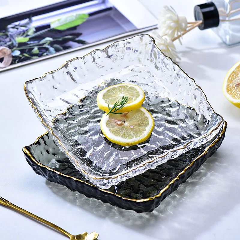 

Hammer Fruit Plate Creative Phnom Penh Square Plate Transparent Coloring Ice Dew Glass Dining Plate Fruit Plate Snack Salad