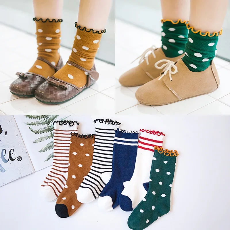 

Children's Socks,Trendy Socks, Spring Autumn Color Matching Stripes, Polka Dots, Wooden Ear Edge Cotton Socks, Baby Pile Socks