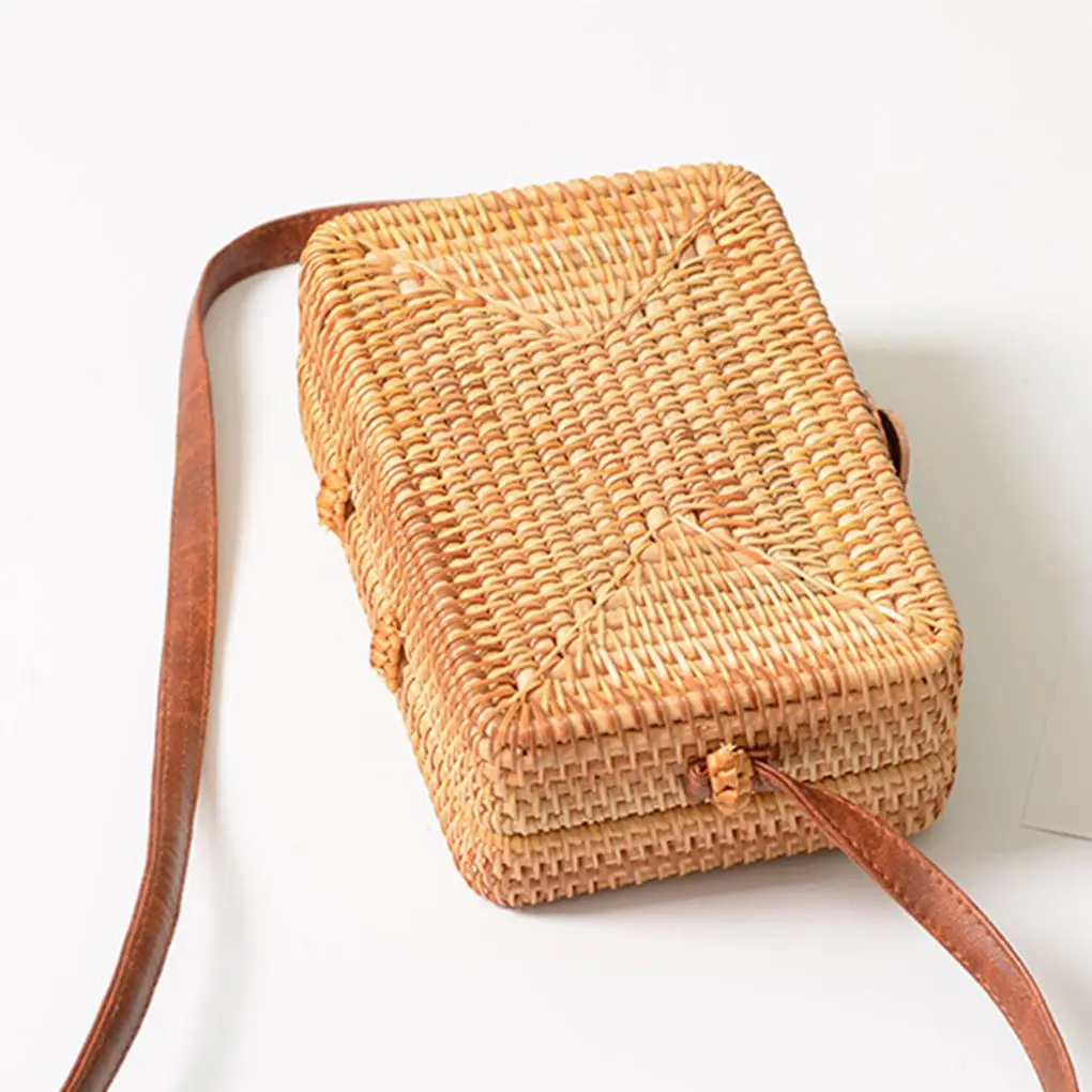 Women Summer Round Straw Bag Handmade Woven Handbags Female Rectangle Rattan Beach Shoulder Bag