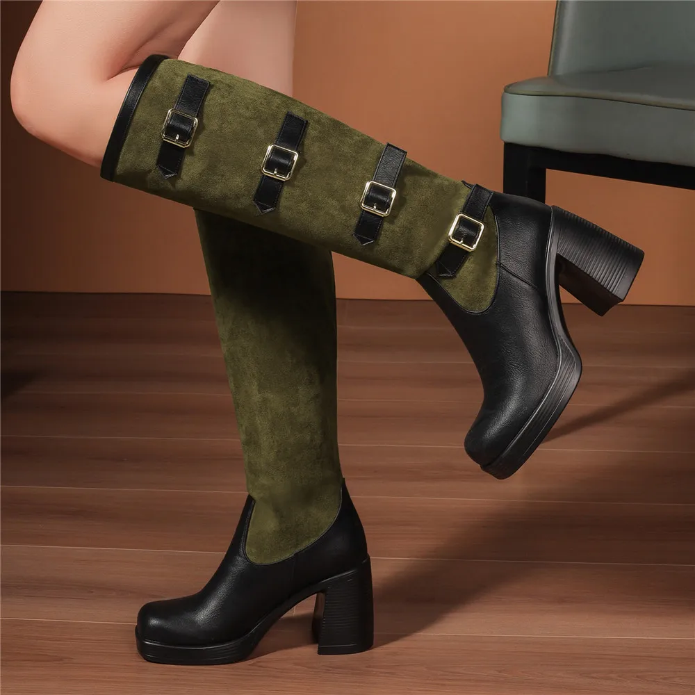 Women Boots Autumn Winter Long Tube Knight Booties Buckle Punk Gothic Classic Black ArmyGreen Platform High Heel Shoes Knee-High