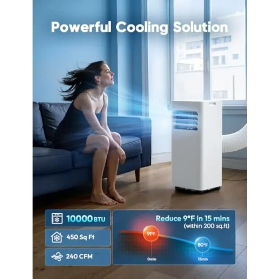 Portable air conditioner for bedroom use, aluminum housing, white color, 10, 000 BTU cooling with 3-in-1 functionality cooling,