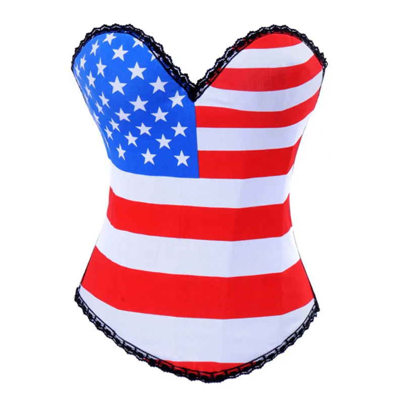 

UK USA Flag Printed Hook Up Cotton Corsets for Women Overbust Boned Push Up Sexy Bustier Body Shaper Waist Cincher Corselet