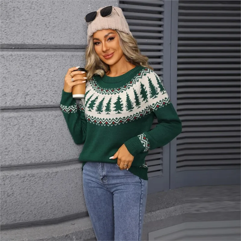 

Women's New Knitted Sweater Fashionable Christmas Tree Pattern Round Neck Long Sleeve Loose Sweater For Christmas Family Party