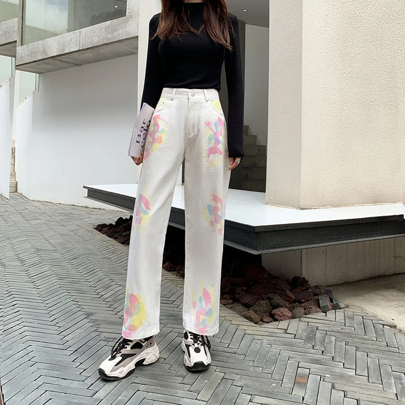 Tie Dye Wide Leg Jeans Women Korean Style Trousers Vintage High Waist Baggy Chic Ulzzang Street Casual All-match Denim Pants