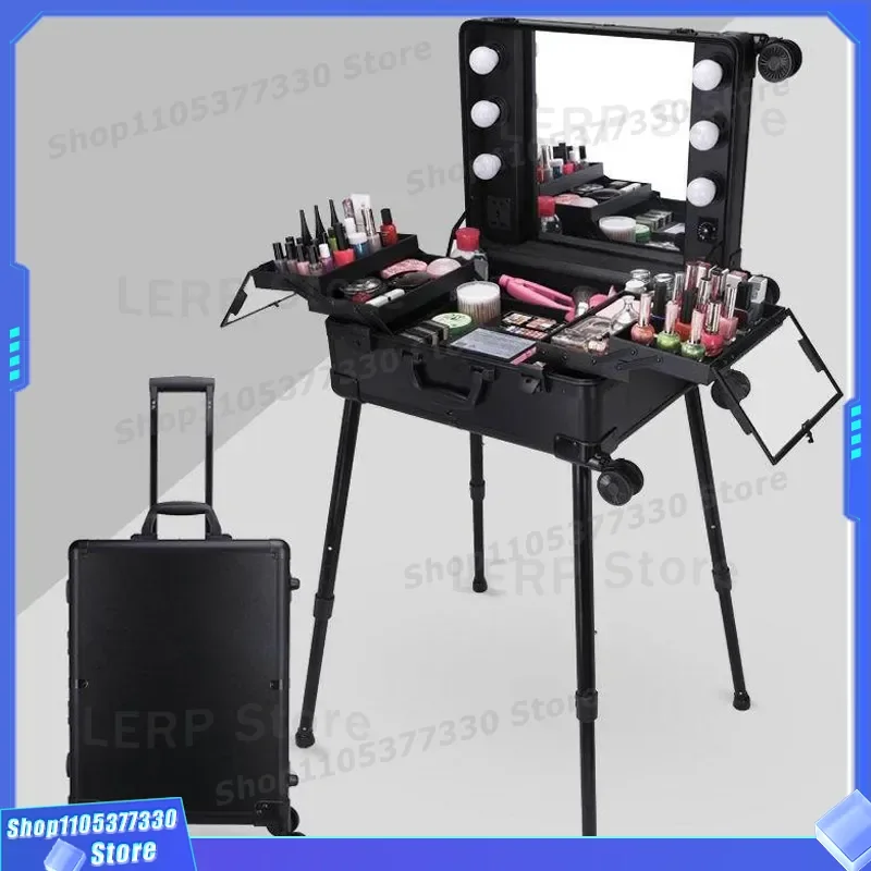 Professional Makeup Case With LED Light Box And Foot Tie Rod Portable Cosmetic Organizer For Beauty Artists Manicure Storage