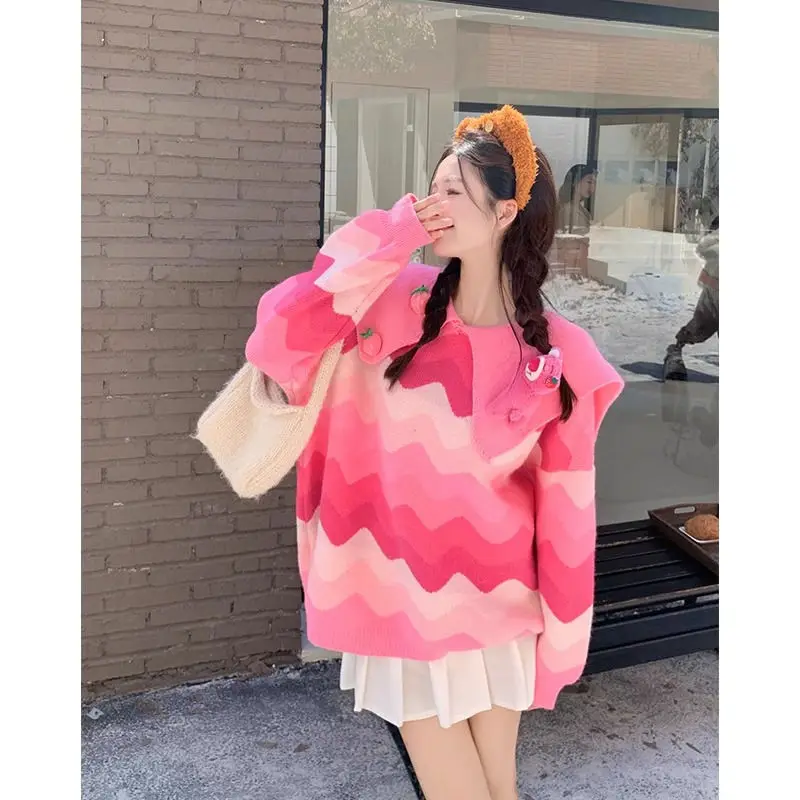 

Розовый свитер с воротником для куколки, женский осенне-зимний дизайн, свитер с милым медведем, уменьшающий возраст, топ