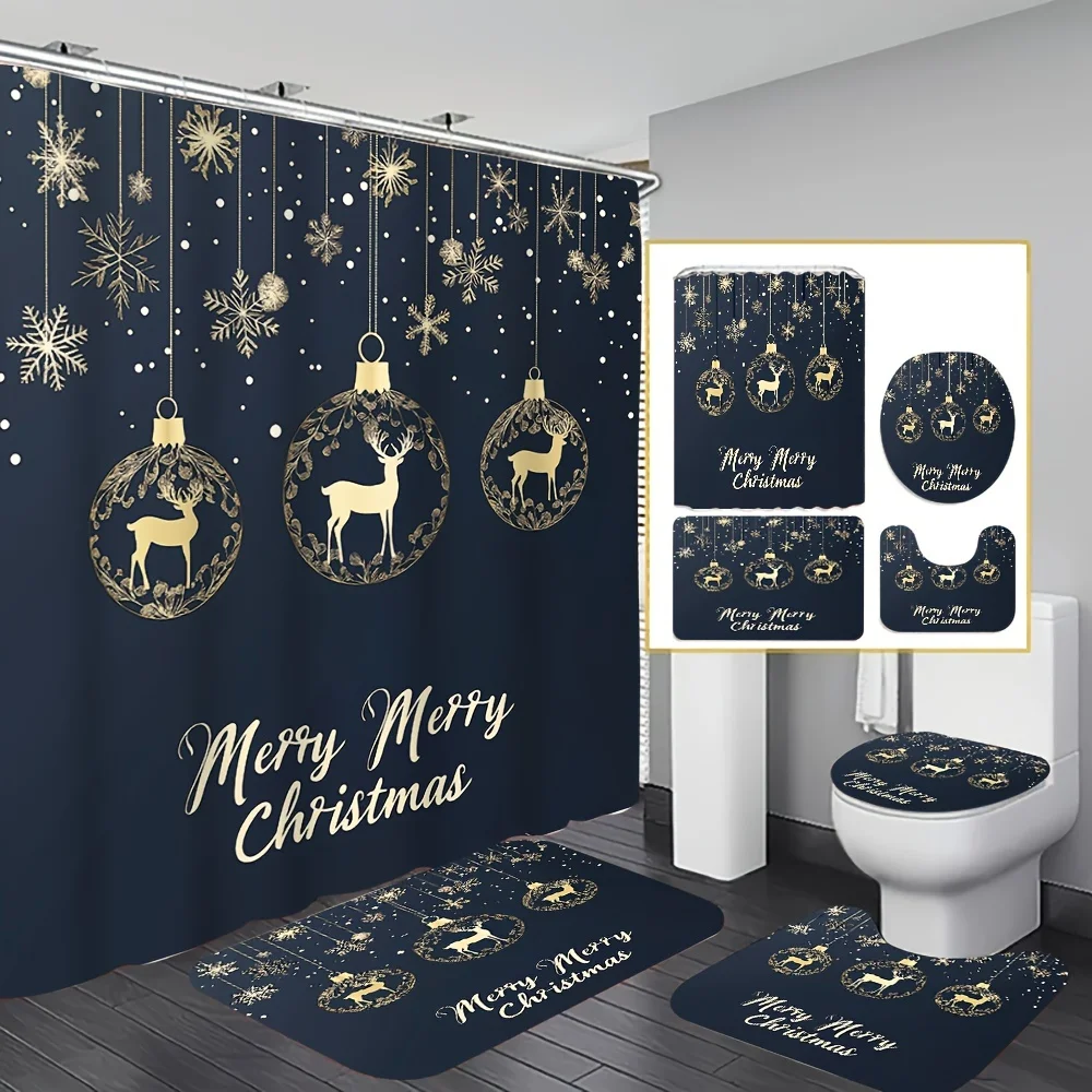 

4pcs Black Egg Elk Shower Curtain Set, Decoration Bathroom Set Including High Quality Shower Curtain, Non Slip Floor Mat