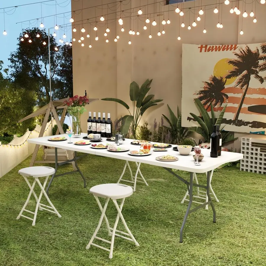 Pack Folding Stools with Foldable Table 6ft, Heavy Duty Dining Table and Chairs with Lock Function amp Carrying Handle, Portable