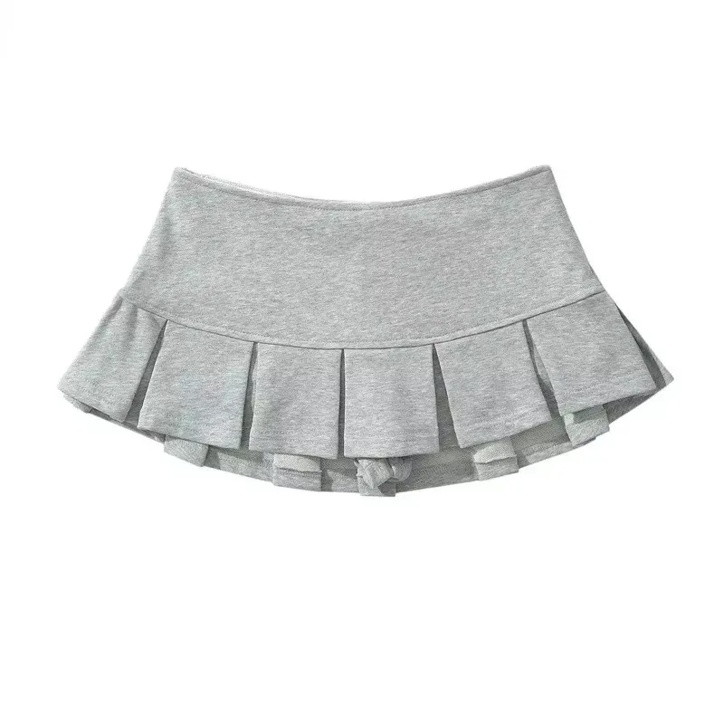

New Women's Terry Fabric Low Waist Y2K Mini Skirt Wide Pleat Decoration Light Grey Flounce A Line Skort Hot Sweet