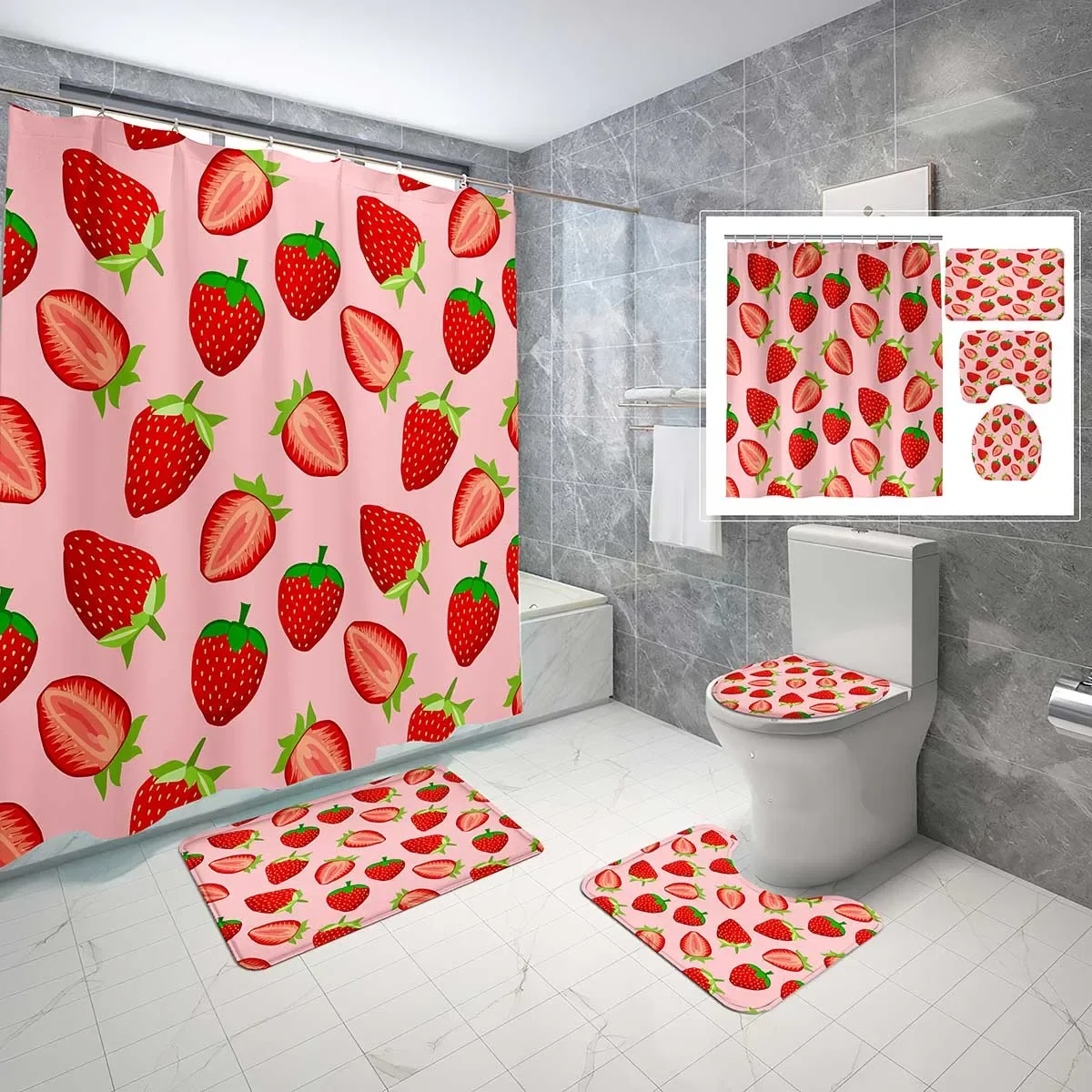 4 Sets Cartoon Strawberry Shower Curtain Sets with Non-Slip Bath Mat,Toilet Lid Cover and Cute Berry for Kids Shower Curtain Set