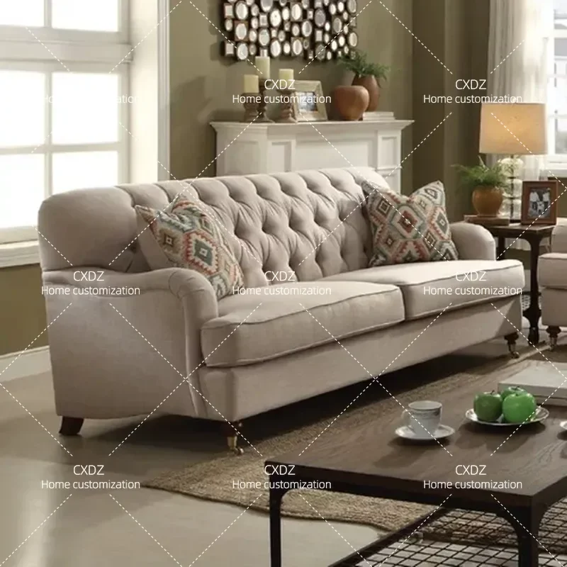 Nordic Solid Wood High Back Sofa with Fabric and Buckle Detail Single Double Three Seater for Small Apartment Living Room