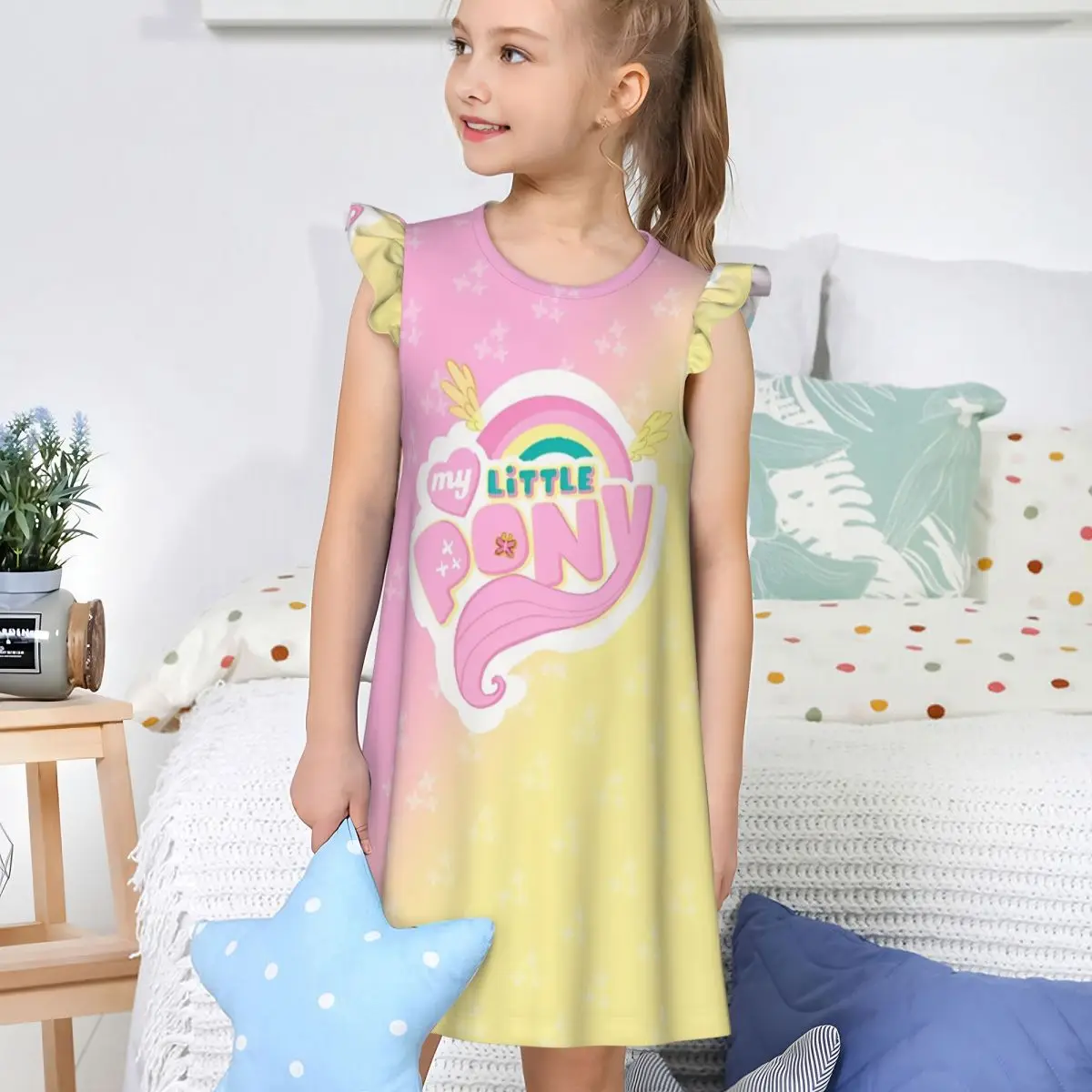 Cartoon Girl's My Little Pony Dress NightgownsShort Sleeves for Little Girls Pajamas Nightdress Nightie Sleepwear