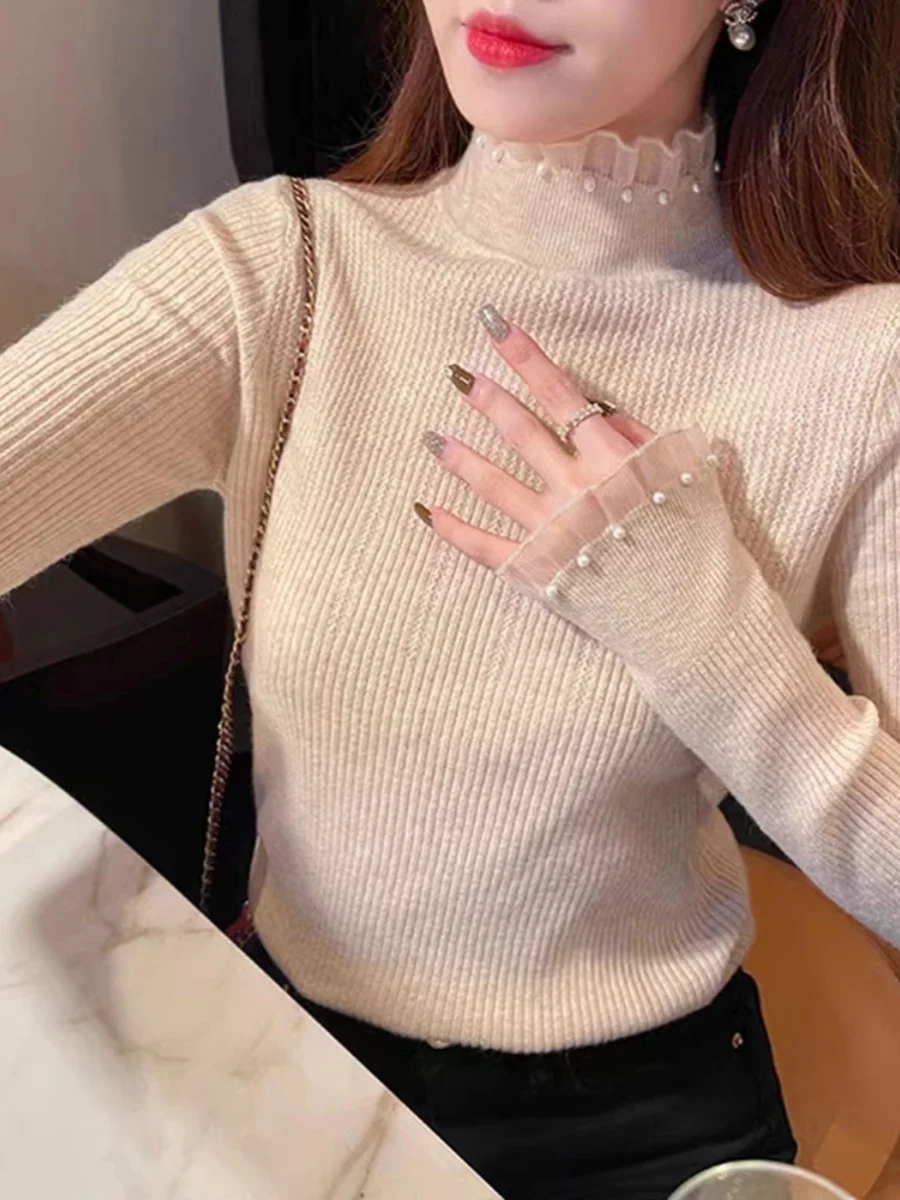 Pearl lace Half High Collar Sweater Base Shirt Women\'s Autumn Winter New Solid Long Sleeved Pullover Slim Versatile Knitted Top