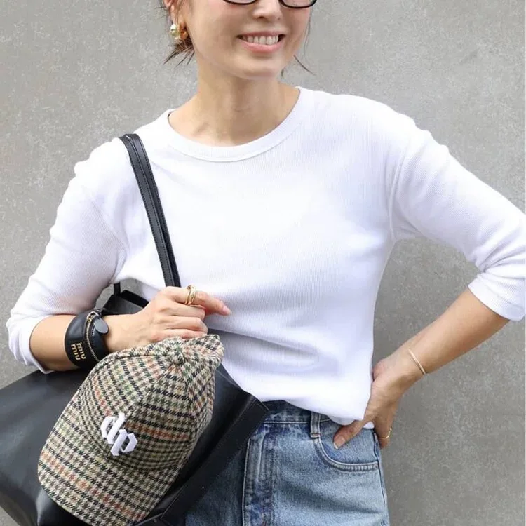 Supima Cotton Yarn Elastic Comfortable Non-Rebound Seven Sve Casual Fit round Ne Pullover Spring Autumn Ladies T-irt