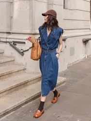 Retro High-End Sleeveless Denim Suit Women'S Lapel Vest Top Paired With Slim Fit Skirt Two-Piece Set