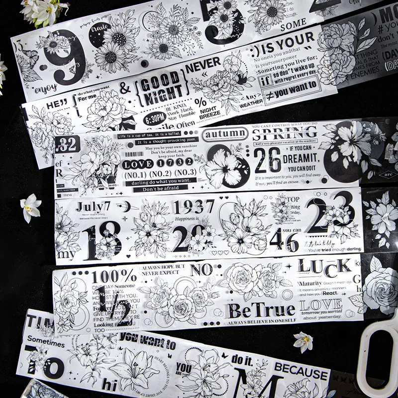 200cm/Roll 38cm/cycle Botanical Collage Tape Black & White Garden Flower Ledger Decoration Material Loop Sticker