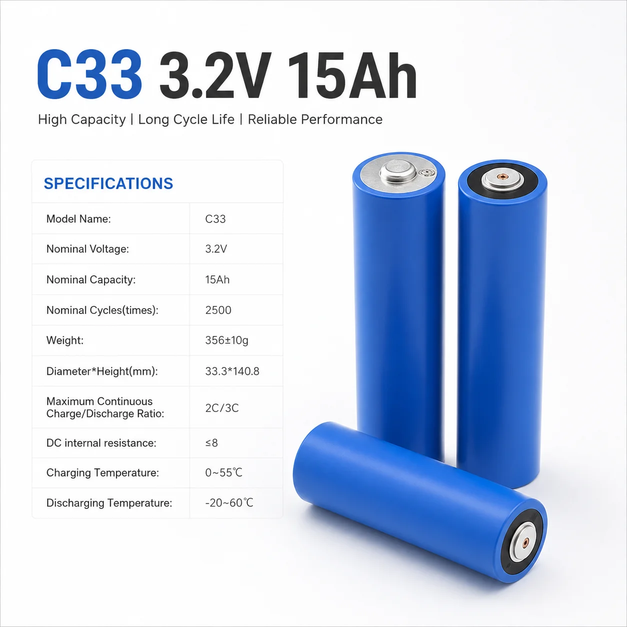 EVE Battery C33 3.2v 15Ah 15000mAh 4000 Cycles 33140 Lithium Battery Cylindrical Rechargeable LiFePO4 Battery